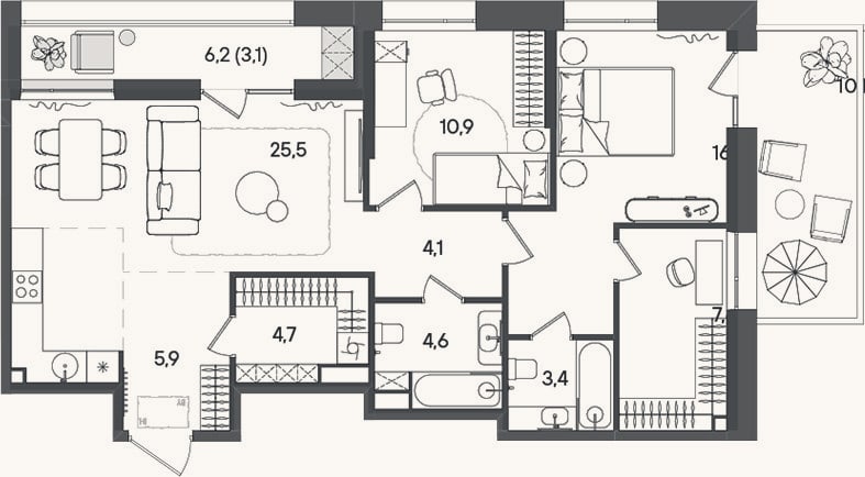 Планировка: 3-к, 82,7 м²