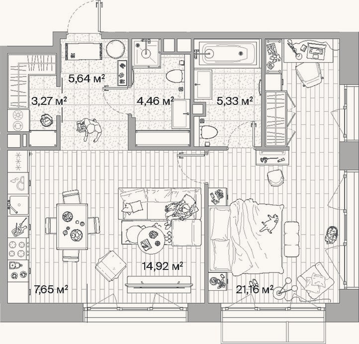 Планировка: 2-к, 62,4 м²