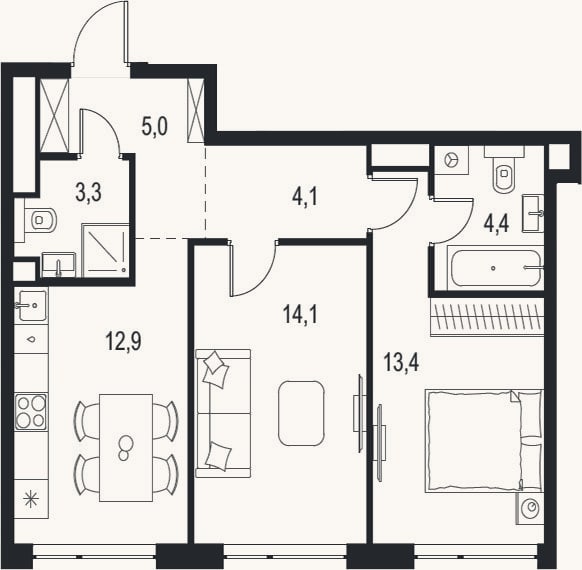 Планировка: 2-к, 57,2 м²