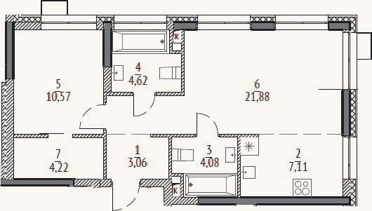 Планировка: 2-к, 55,5 м²