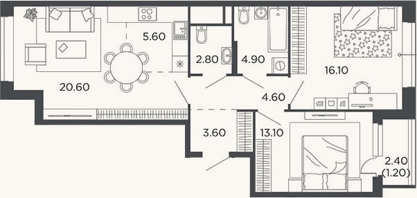 Планировка: 3-к, 71,3 м²
