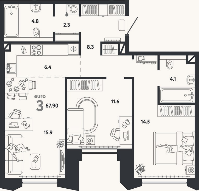 Планировка: 3-к, 67,9 м²