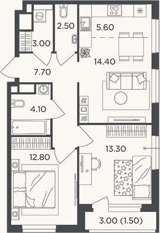 Планировка: 3-к, 63,4 м²