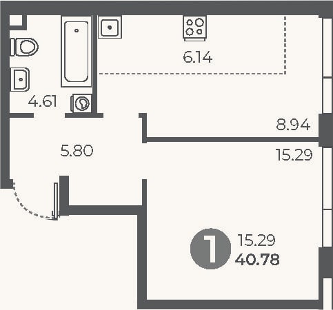 Планировка: 1-к, 40,8 м²