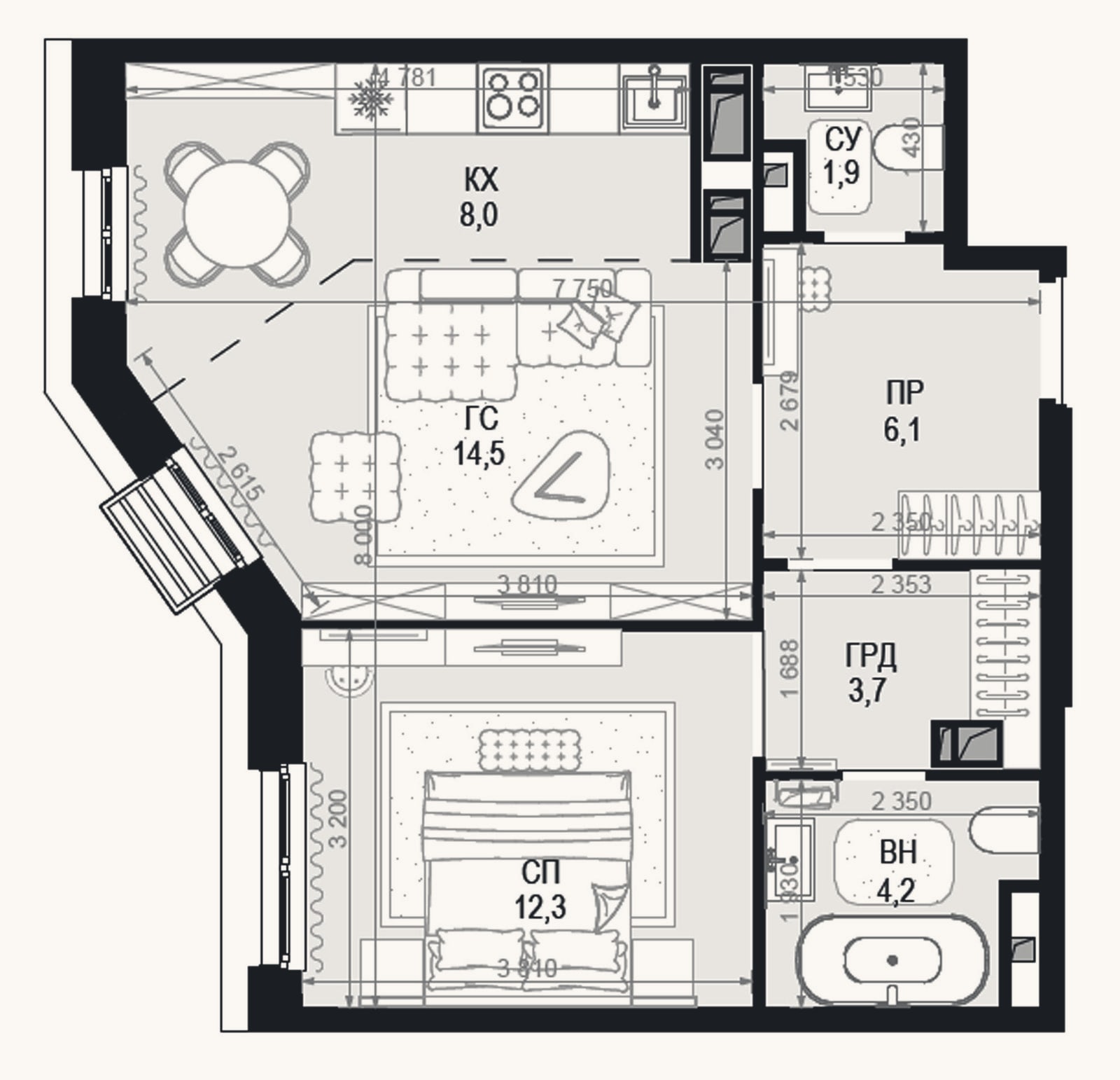 Планировка: 2-к, 50,7 м²