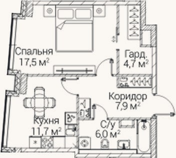 Планировка: 1-к, 47,8 м²