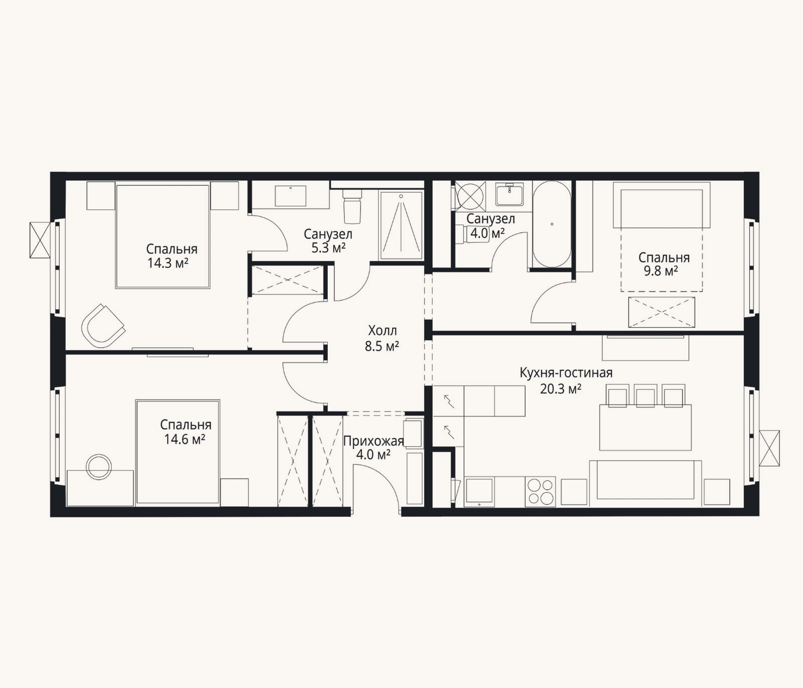 Планировка: 4+ к, 80,8 м²