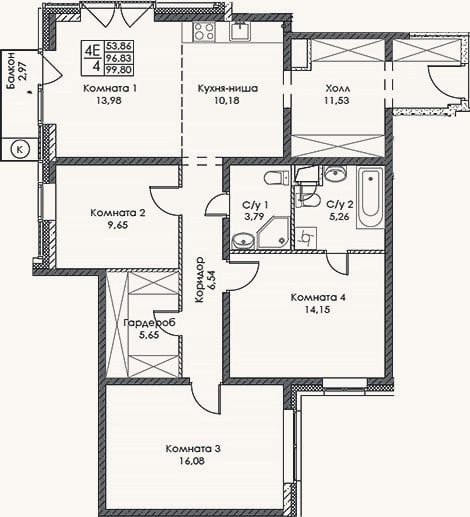 Планировка: 4+ к, 96,8 м²