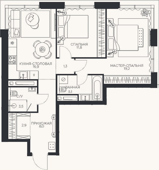 Планировка: 2-к, 68,7 м²
