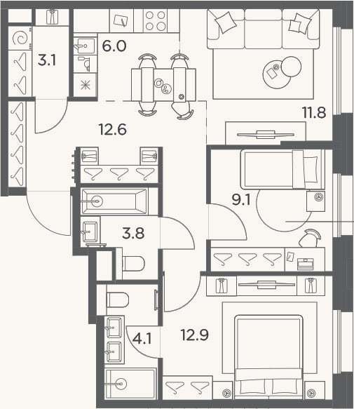 Планировка: 3-к, 63,4 м²