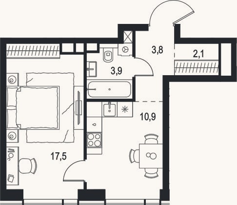 Планировка: 1-к, 38,2 м²