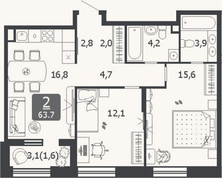 Планировка: 3-к, 63,1 м²