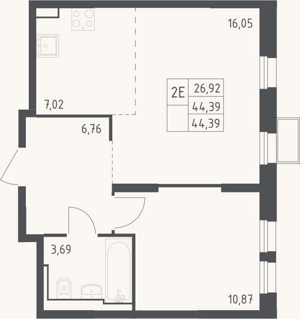 Планировка: 2-к, 44,4 м²