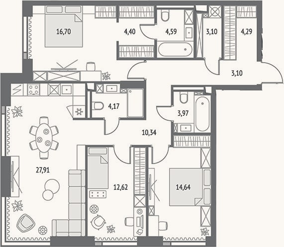 Планировка: 4+ к, 109,8 м²