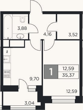Планировка: 1-к, 33,9 м²