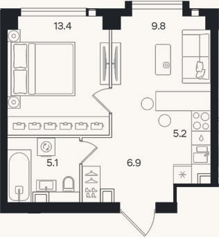 Планировка: 2-к, 40,4 м²