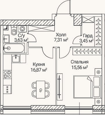 Планировка: 1-к, 46,8 м²
