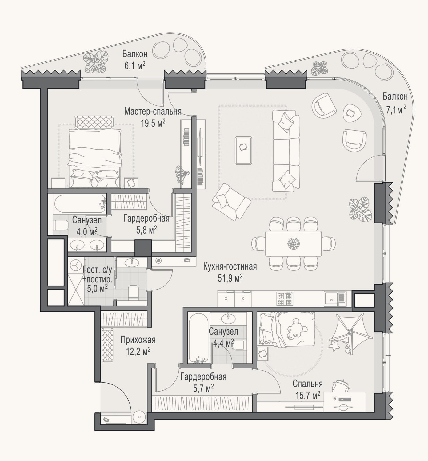 Планировка: 2-к, 124 м²