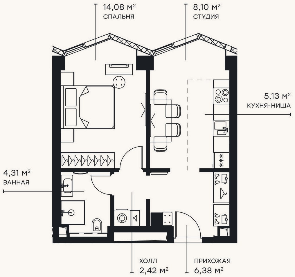 Планировка: 2-к, 40,4 м²