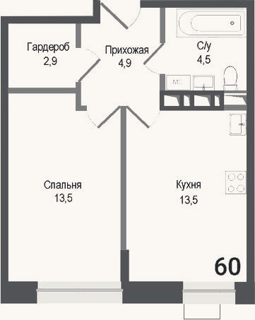 Планировка: 1-к, 39,3 м²
