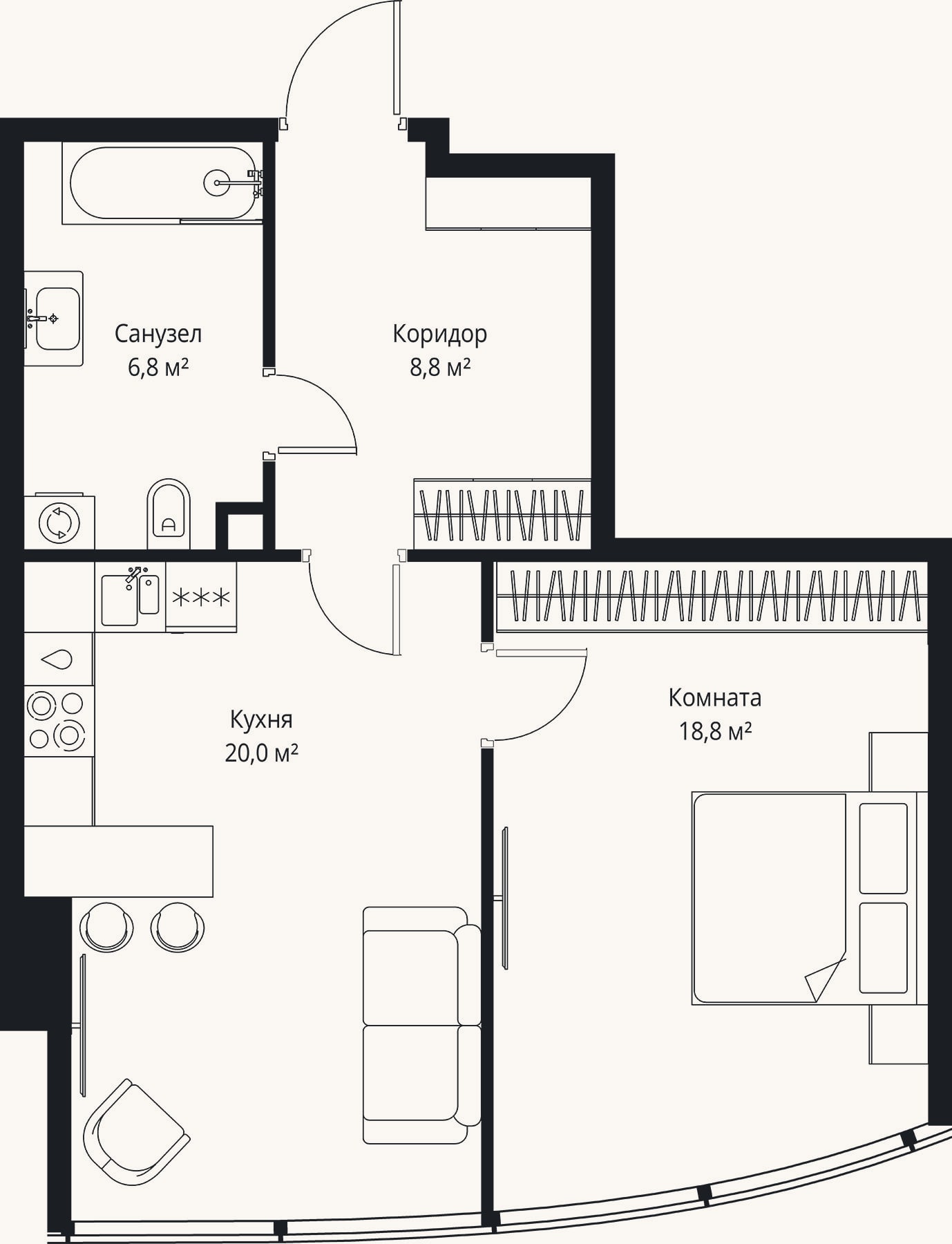 Планировка: 2-к, 54,4 м²