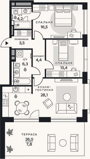 Планировка: 2-к, 76,4 м²