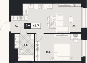 Планировка: 1-к, 48,7 м²