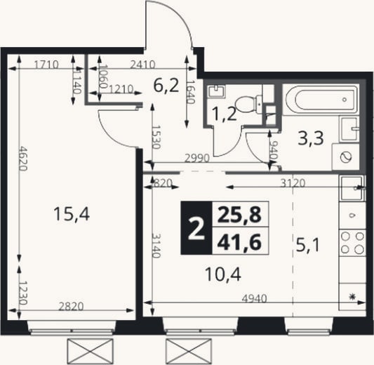 Планировка: 2-к, 41,6 м²