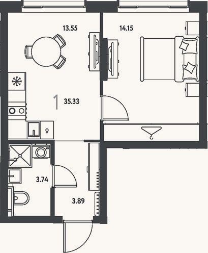 Планировка: 1-к, 35,3 м²
