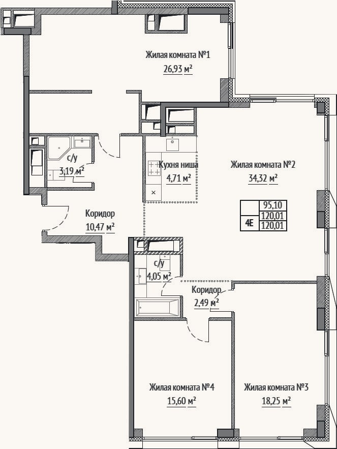 Планировка: 4+ к, 120,1 м²