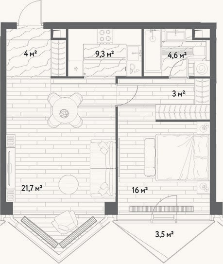 Планировка: 2-к, 58,6 м²