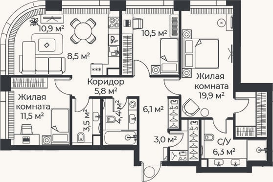 Планировка: 4+ к, 90,3 м²