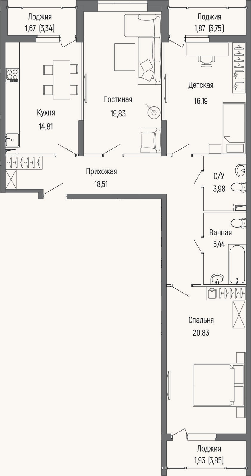 Планировка: 3-к, 99,6 м²