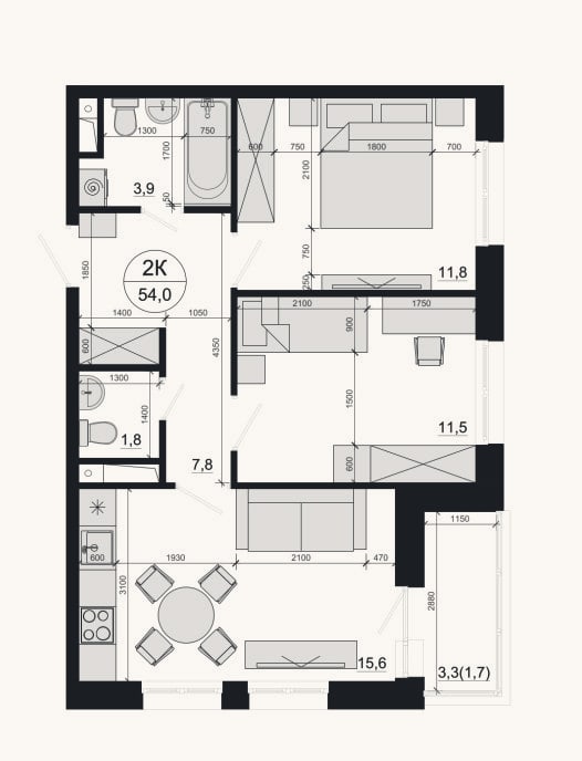 Планировка: 2-к, 52,3 м²