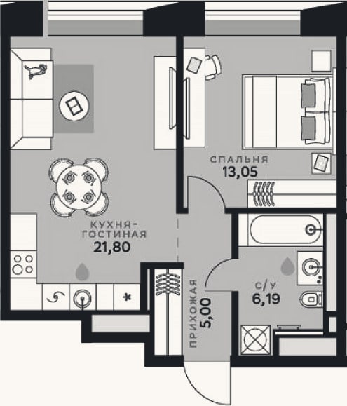 Планировка: 2-к, 46 м²