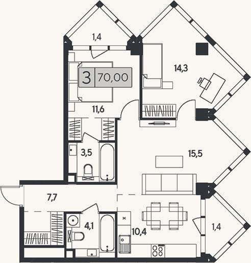 Планировка: 3-к, 67,2 м²