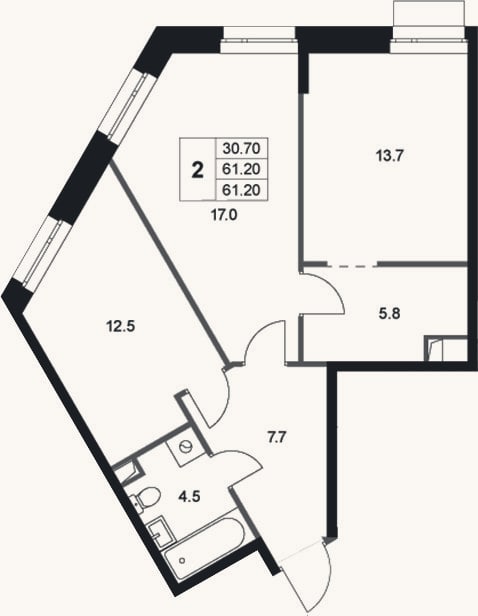 Планировка: 2-к, 61,2 м²