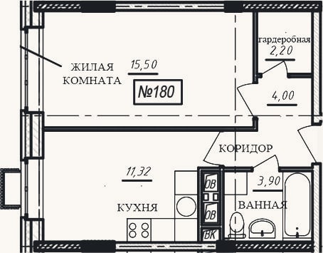 Планировка: 1-к, 36,9 м²