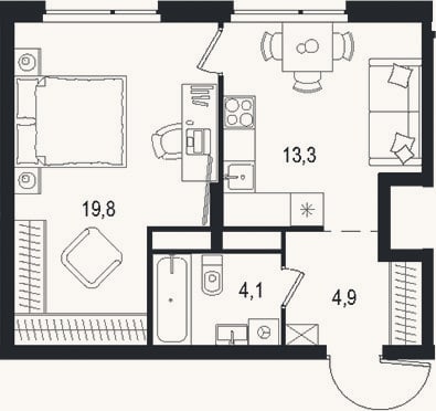 Планировка: 1-к, 42,1 м²