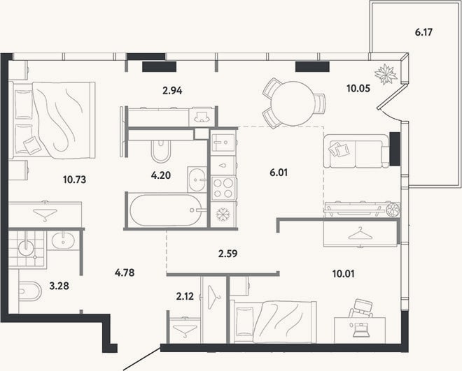 Планировка: 2-к, 56,7 м²