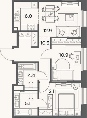 Планировка: 3-к, 61,7 м²