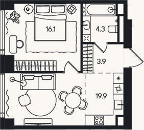 Планировка: 2-к, 44,2 м²