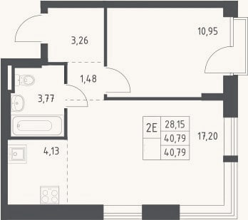 Планировка: 2-к, 40,8 м²