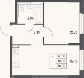 Планировка: 2-к, 38 м²