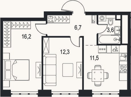 Планировка: 2-к, 50,3 м²