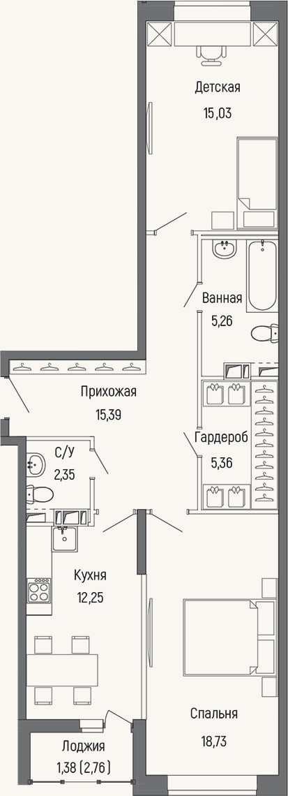 Планировка: 2-к, 73,3 м²