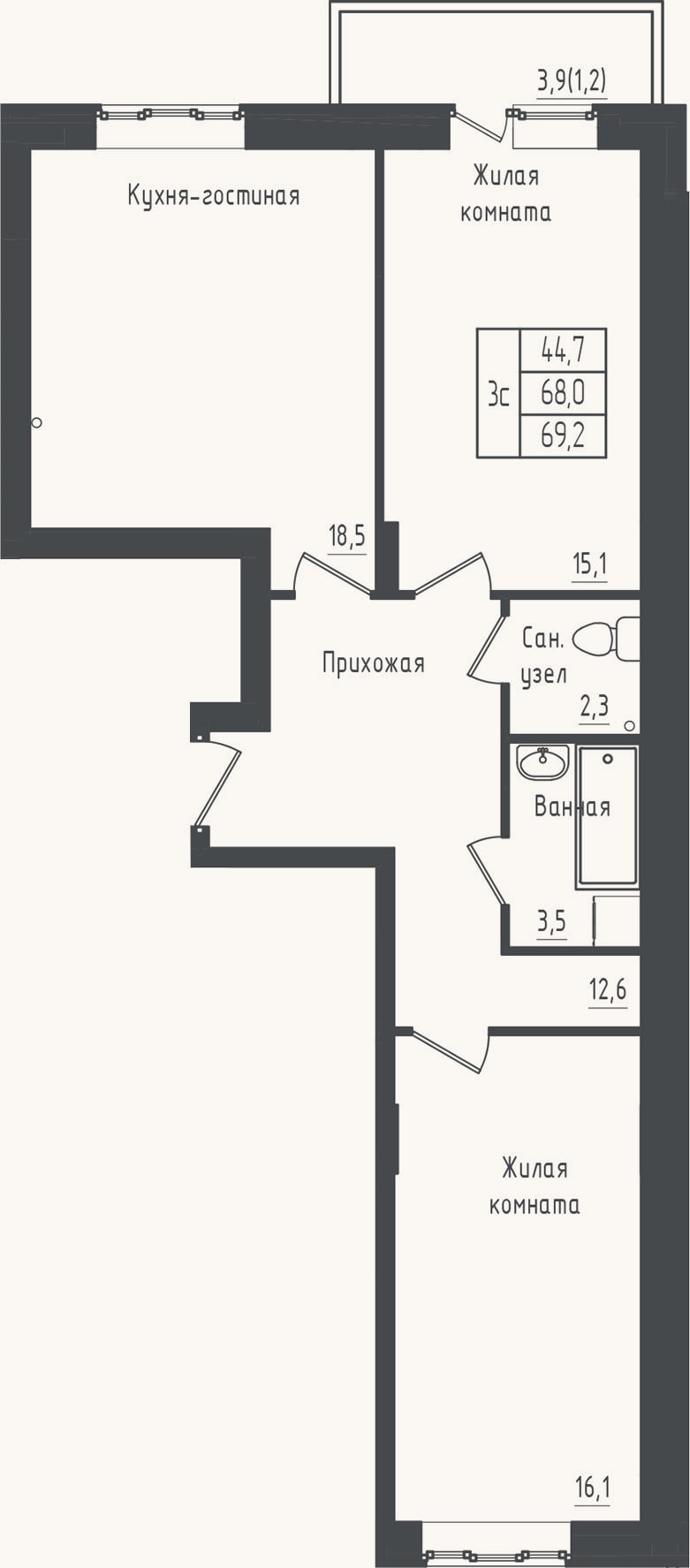 Планировка: 2-к, 68 м²
