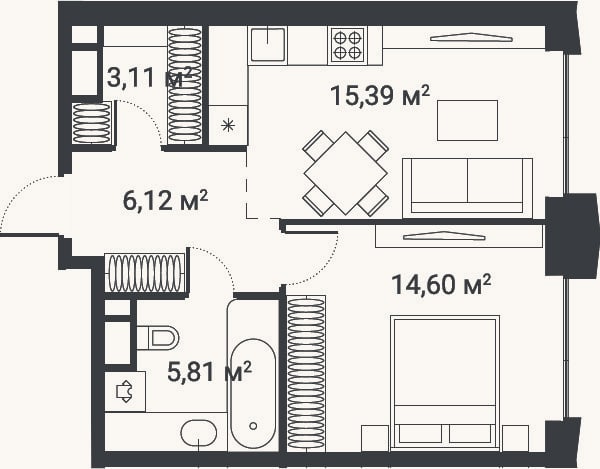 Планировка: 1-к, 44,8 м²