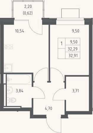 Планировка: 1-к, 32,3 м²