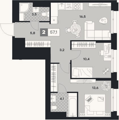 Планировка: 2-к, 57,1 м²